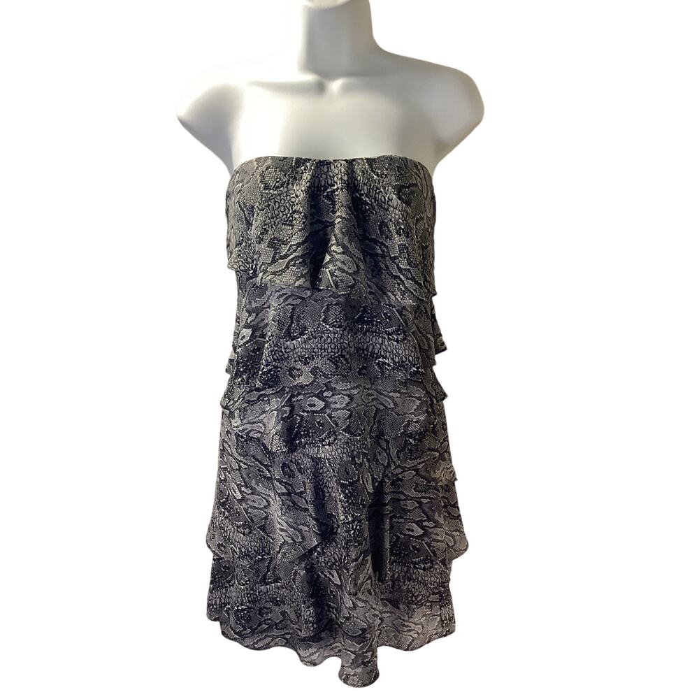 BCBGmaxazria Gray Snakeskin Print Tiered Strapless Evening Cocktail Mini Dress 6
